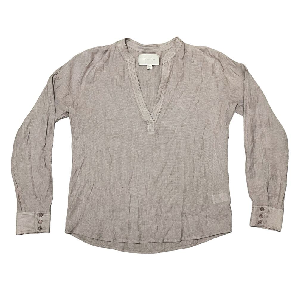 Brochu Walker Anglia Popover Blouse Top Crinkle Fabric Taupe Greige Gray Medium